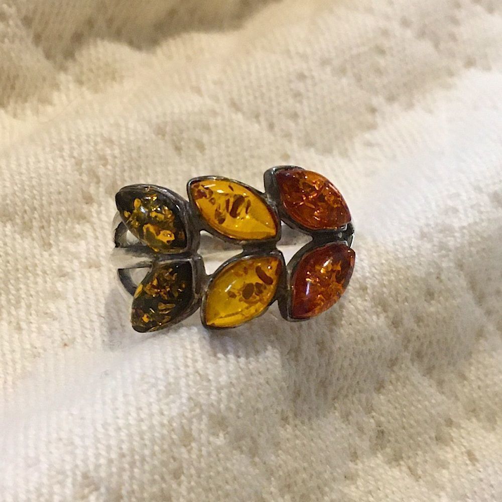 Vintage Sterling Silver and Three Shades of Amber Statement Ring
